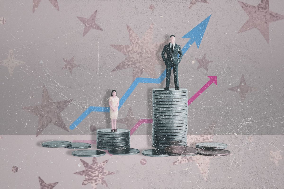 Gender pay gap inequality illustrated with man and woman on unequal salary stacks